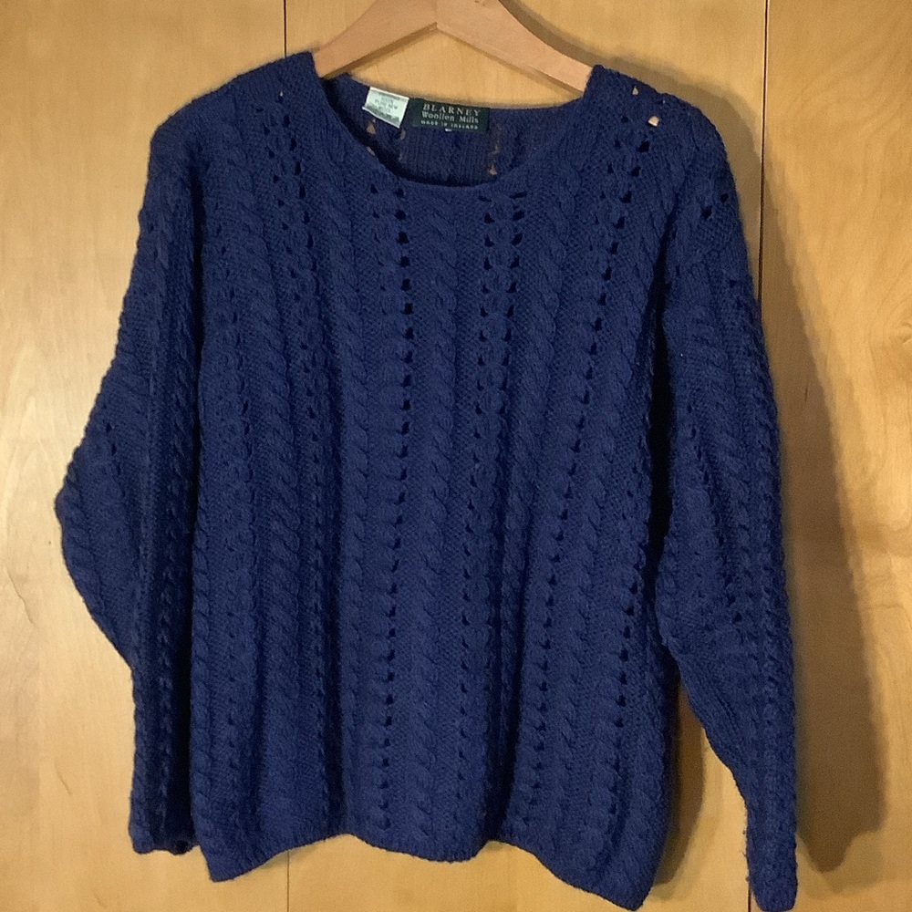 Blarney Woollen Mills 100% Wool Classic Navy Cable Knit Sweater Size Large